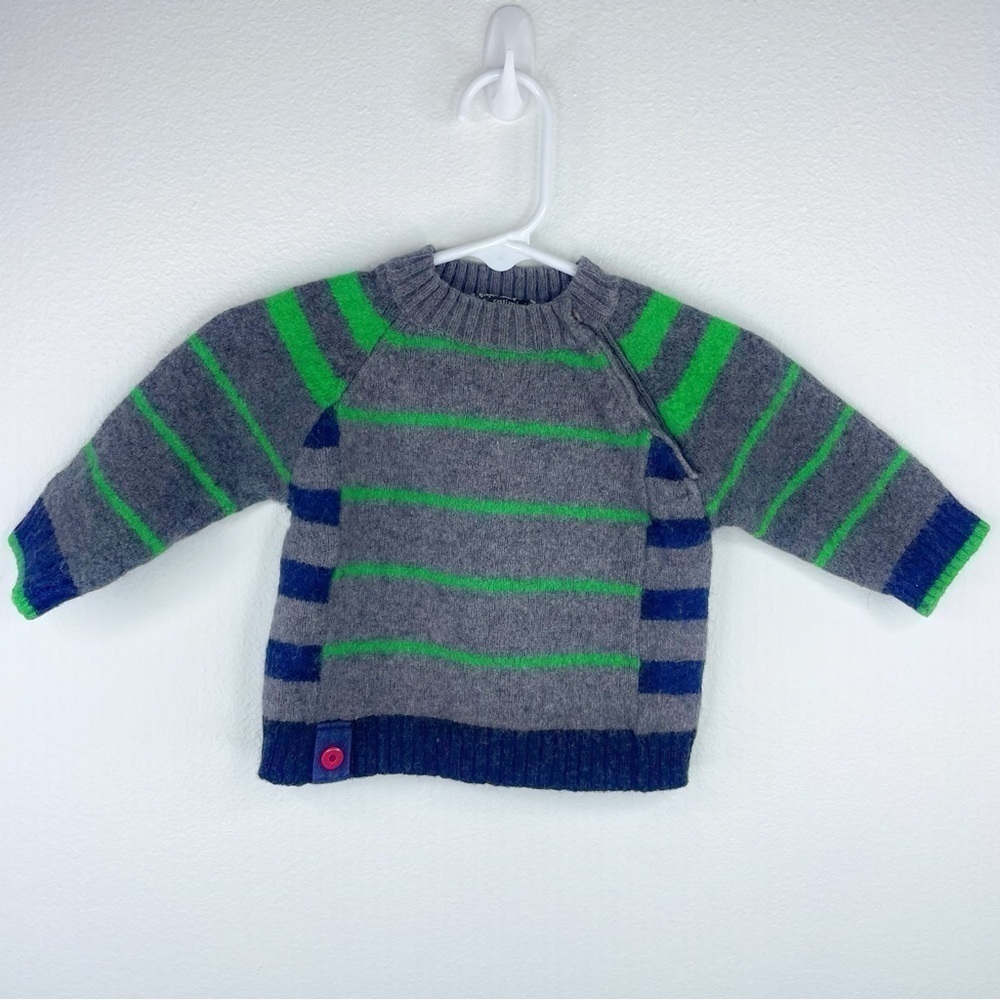 CATAMINI Boys Kids Grey Sweater w/ Green Stripes/Cute Buttons on Bottom Size 18